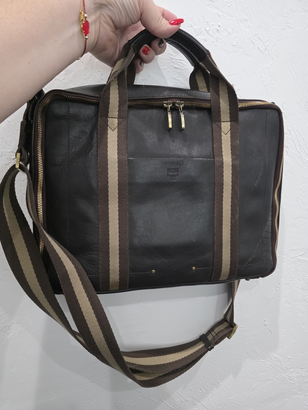 MCM Brown Leather Laptop Briefcase with Striped Webbing Straps